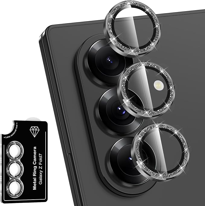 for Samsung Galaxy Z Fold 7 Camera Lens Protector, Individual Metal Ring Tempered Glass Lens Cover, [Strong Adsorption] Scratch Resistant Ultra-Thin HD Clear Lens Cover, 1 Set-Black Sparkly by Btscase