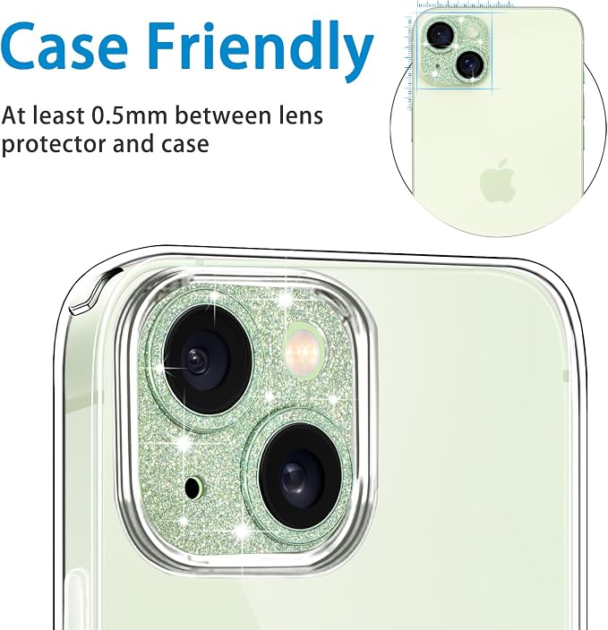 Compatible with iPhone 15 & iPhone 15 Plus Camera Lens Protector, Bling 3D Rhinestone Diamond 9H Tempered Glass Camera Cover Anti Scratch Shockproof Lens Screen Full Protective Cover - Green - Image 6