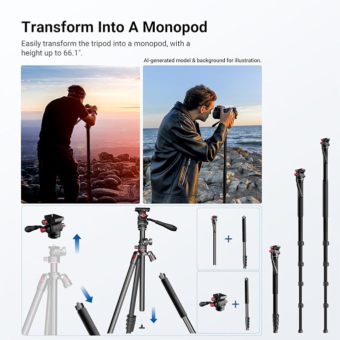 NEEWER Basics Overhead Camera Tripod Monopod with Fluid Head & Horizontal Center Column, 75.4 Inch Tall Metal DSLR Video Travel Stand, Arca Type QR Plate & Reversible Legs, Max Load 17.6 lb, TP015 - Image 5