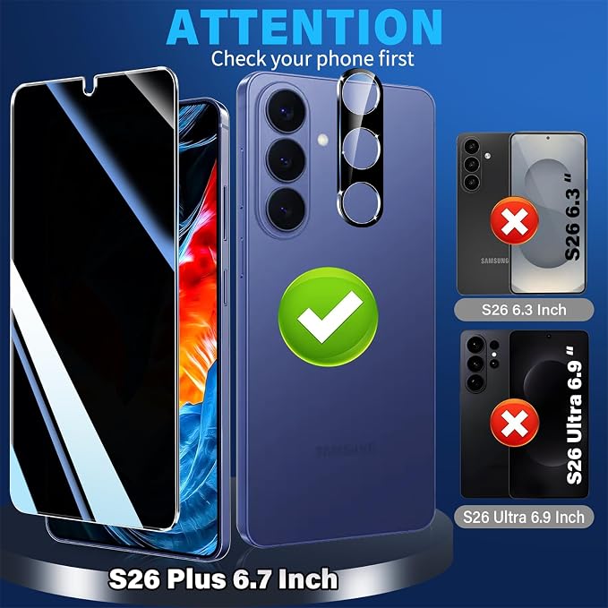 firtstnow 3 Pack Privacy Screen Protector for Samsung Galaxy S26 Plus Tempered Glass + 2 Pack Camera Lens Protector, True 25°Anti Spy, 9H+ Hardness, Fingerprint Unlock, Case Friendly Bubble-Free 6.7Inch - Image 7
