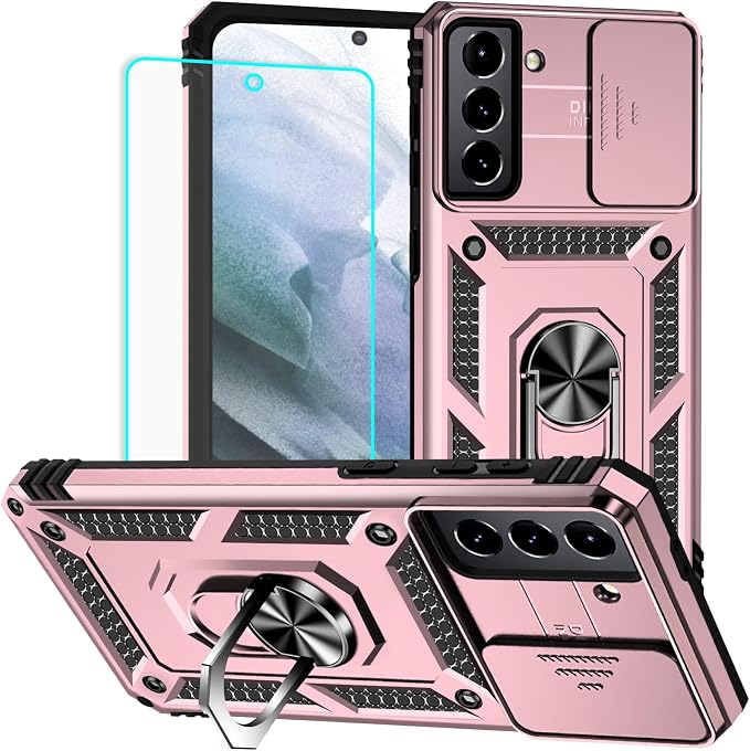 HNHYGETE for Galaxy S21 Case with Screen Protector: [Military Grade 20ft. Drop Tested] Ring Shockproof Protective Phone Case for - Samsung Galaxy S21 (Rose Gold) by HNHYGETE