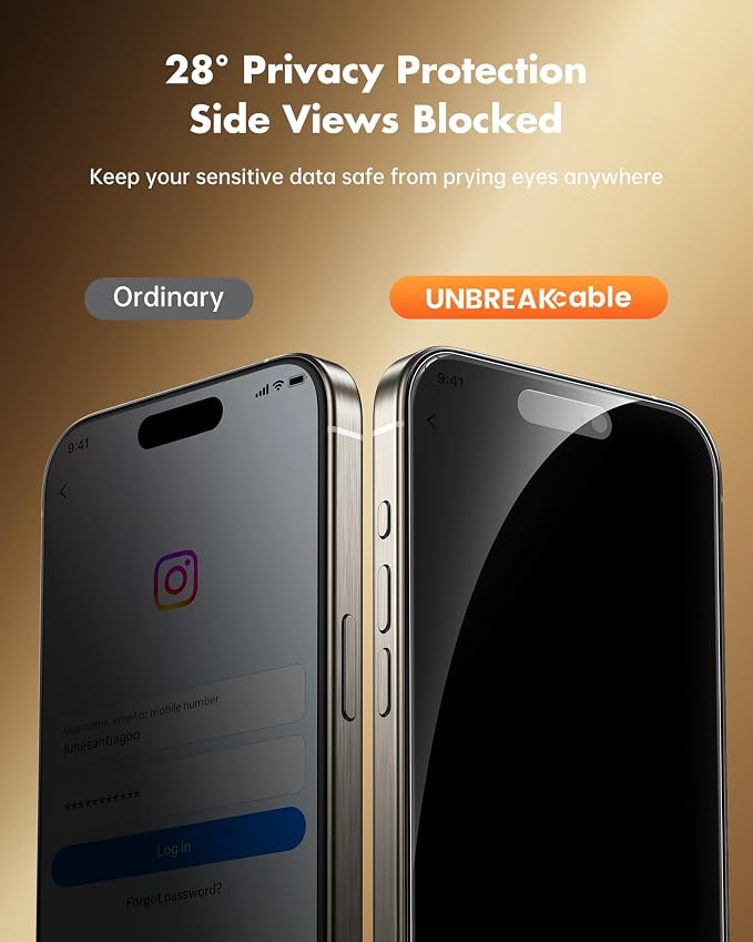 UNBREAKcable Privacy Screen Protector for iPhone 16 Pro Max, 2-Pack | True 28° Anti-Spy, Shatterproof Tempered Glass, 9H Hardness, Easy Install, Bubble-Free, Anti-Scratch, Case Friendly - Image 2