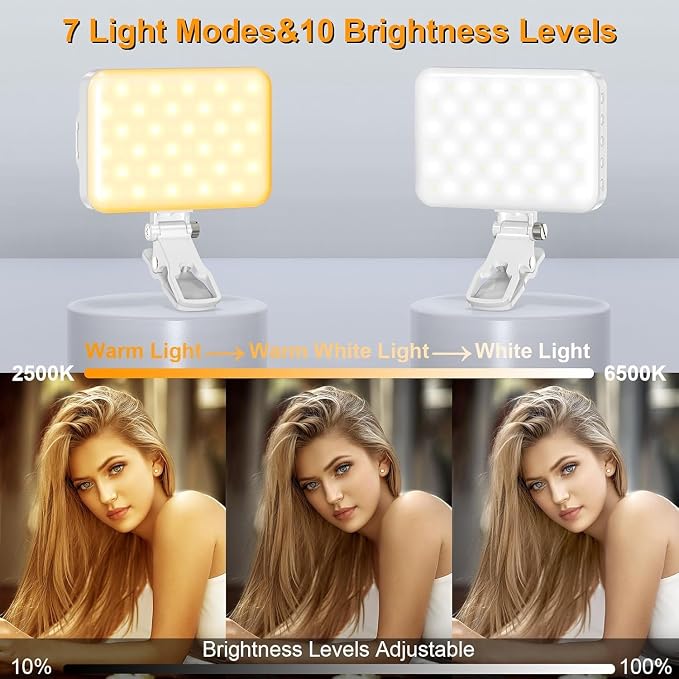Selfie Light, LED Camera Light Video Lights 60 LED 2200mAh Rechargeable Phone Light 7 Modes, 10-Level Brightness, Portable Clip on Light for Phone/Tablet/Laptop White - Image 3