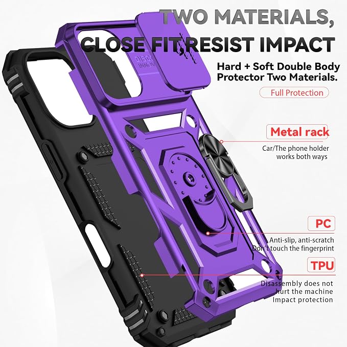 HNHYGETE for iPhone 16 Case with Screen Protector: [Military Grade 20ft. Drop Tested] Slide Camera Cover Ring Shockproof Protective Phone Case for - iPhone 16 (Purple) - Image 5