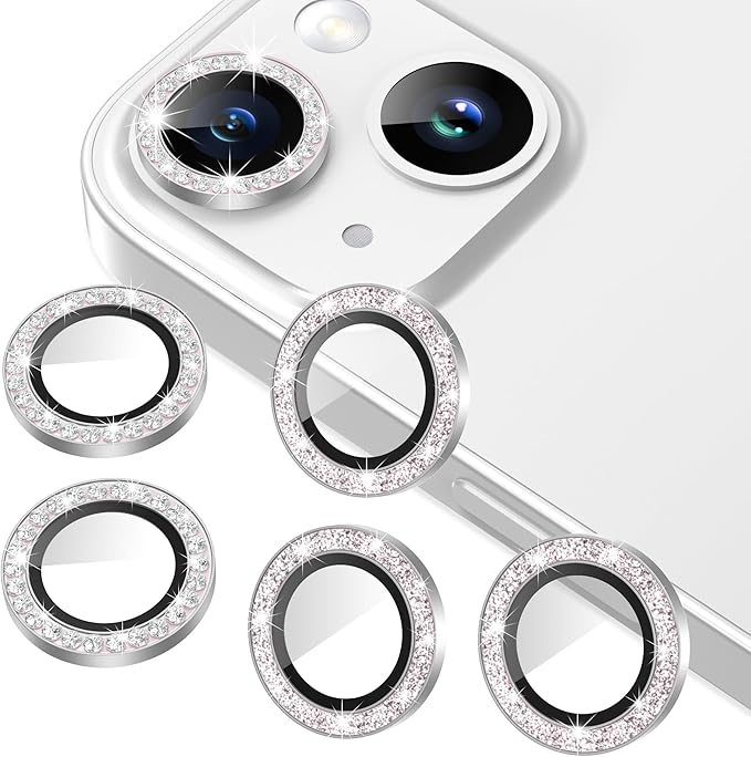 AGVEE 3+3 6 Pack for iPhone 15/15 Plus Camera Lens Protector Cover | Individual Bling Diamond & Bling Glitter Sparkle Cute Gem Metal Ring, 9H Tempered HD Glass by AGVEE