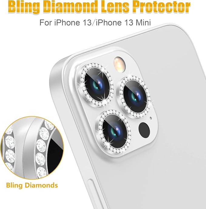 AGVEE 3+3 6 Pack for iPhone 13 Pro & Max Camera Lens Protector Cover | Individual Bling Diamond & Bling Glitter Sparkle Cute Gem Metal Ring, 9H Tempered HD Glass - Image 4