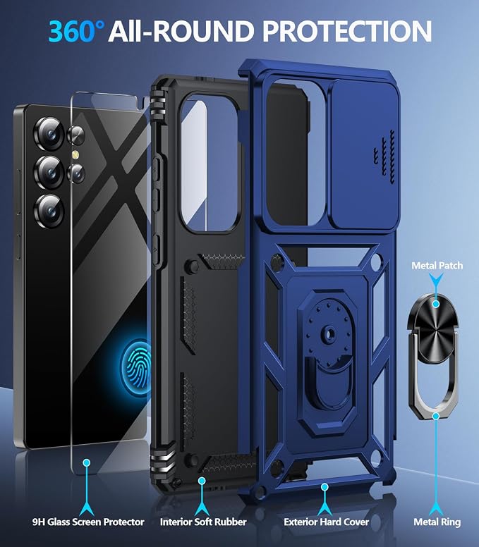 Taisairu for Samsung Galaxy S25 Ultra Case with Screen Protector & Slide Camera Lens Cover, Built-in Magnetic Ring Stand Shockproof Protective Phone Case for Samsung S25 Ultra Case (Blue) - Image 2