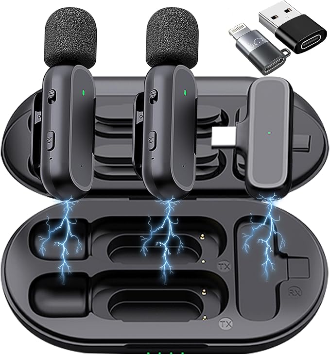 2 Pack Professional Wireless Lavalier Microphone for iPhone iPad Android with Charging Case Noise Reduction Plug-Play Clip on Lapel Mic for Video Recording Vlogging, YouTube, Interview, Live Streaming by Caiord