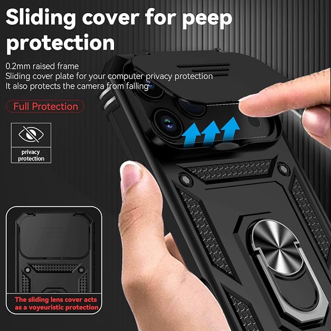 SunStory Phone Case for iPhone 17 Pro Max Case with HD Screen Protector & Slide Camera Cover & Rotated Ring Kickstand, [Military-Grade] Phone Case for iPhone 17 Pro Max, Black - Image 3