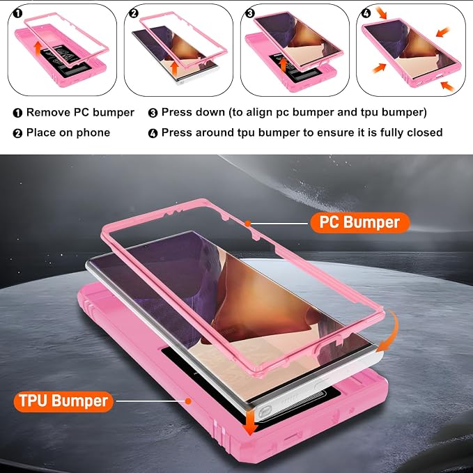 for Samsung Galaxy Note 20 Ultra Case with 2PCS Screen Protector, Build in 360° Rotating Ring Kickstand, Military Grade Protective Cover for Note 20 Ultra Phone, Pink - Image 4