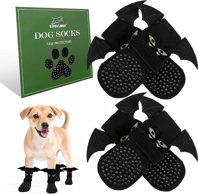 EXPAWLORER Halloween Anti Slip Dog Socks to Prevent Licking Paws, Boots & Paw Protectors with Grippers,Doggie Booties for Hardwood Floors for Small Medium Large Senior Dogs Costume Black Devil Wings S by EXPAWLORER