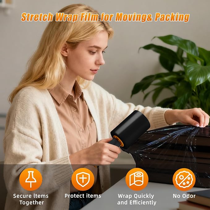 Black Stretch Film Shrink Wrap for Moving Supplies (5inch, 2 Pack) x 1000ft, Industrial Strength Plastic Wrap Stretch Roll for Pallet Wrapping Shipping Moving Boxes Storage Furniture with Handles - Image 6
