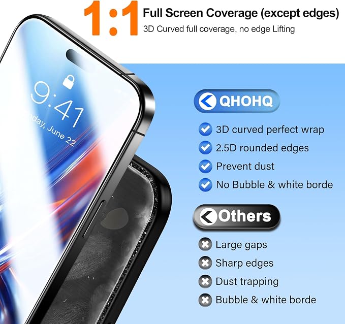 QHOHQ [1-Second Auto-Install] 3 Pack Screen Protector for iPhone Air + 3 Pack Camera Lens Protector, 9H+ Shatterproof Tempered Glass for iPhone 17 Air, [12FT Military Grade Protection], Case Friendly - Image 5