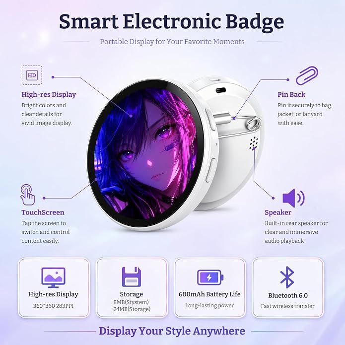 HD Digital Badge Pin with TouchScreen, Personalized E Badge for Backpack | Electronic Digital Display Badge with Custom Photo GIF Video Slideshow, Lightweight Pixel Display Smart Button Gift - Image 2