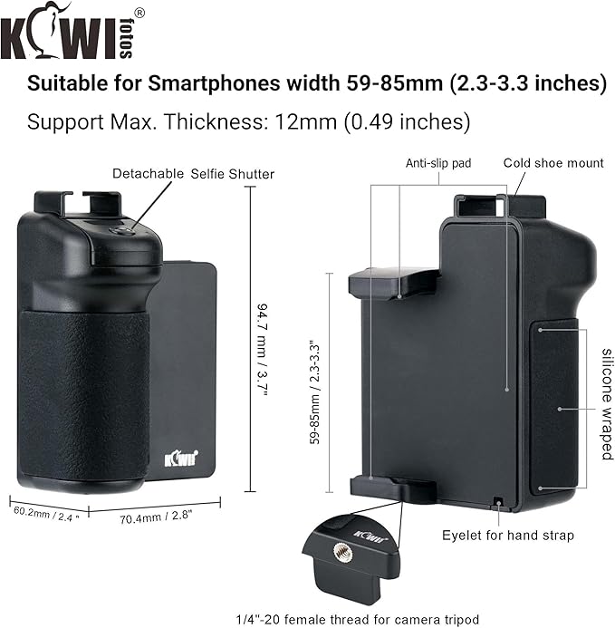 KIWIFOTOS Phone Camera Grip with Remote Shutter Cold Shoe Mount | Fits 2.3-3.3" phones inch. for iPhone 17 16 15 Pro S26 S25, vlog & selfie. Cold shoe for mic/light. 1/4" tripod thread. - Image 2