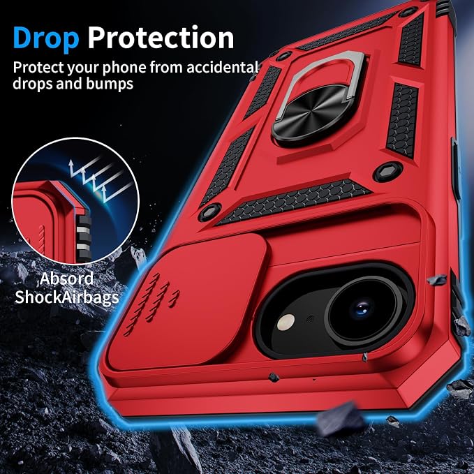 for iPhone 17e Case & iPhone 16e Case with 2X HD Screen Protector & Slide Camera Cover & Rotated Ring Kickstand, Rugged Heavy Duty Protective Phone Case for iPhone 17e/16e 6.1 inch, Red - Image 5