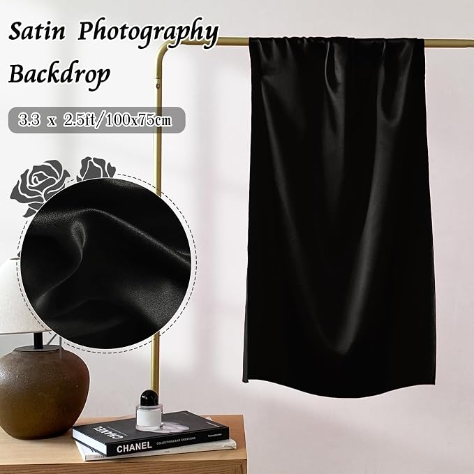 RUDONG M Satin Photography Backdrop, Black, 3.3x2.5ft | Wrinkle-Free, Silky Fabric, For Jewelry/Cosmetics/Flat Lay/Studio, 100x75cm - Image 4