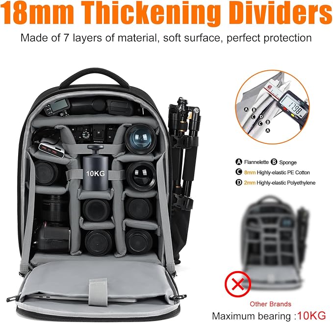 CADeN Camera Backpack, Extra Large DSLR Camera Bag with 17" Laptop Compartment, Waterproof Rain Cover, Professional Travel Hiking Camera Backpack Bag - Image 6