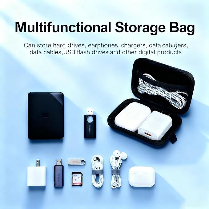 Earbud Case Portable EVA Storage Bag Cell Phone Accessories Organizer with Carabiner for Wired/Wireless Earphone, Earbud, Earpieces, SD Memory Card, Camera Chips, Tech Pouch, Rectangle, Black - Image 4