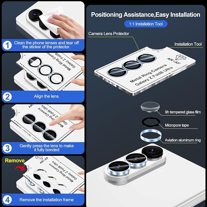 for Samsung Galaxy Z Fold 8 Ultra Camera Lens Protector, Individual Metal Ring Tempered Glass Lens Cover, [Strong Adsorption] Scratch Resistant Ultra-Thin HD Clear Lens Cover, 1 Set-Blue Ring - Image 7