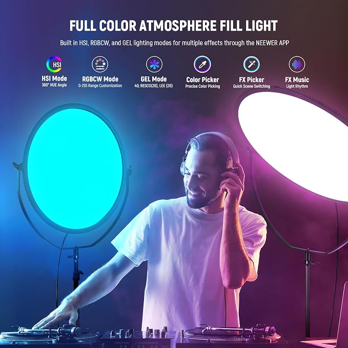 NEEWER 18" RGB LED Round Panel Video Light with APP Control, 65W 6000Lux/0.5m 2500K-8500K RGBCW Photography Studio Lighting /18 Scenes/V Battery Powered for Outdoor Filming Recording Streaming, GR18C - Image 3