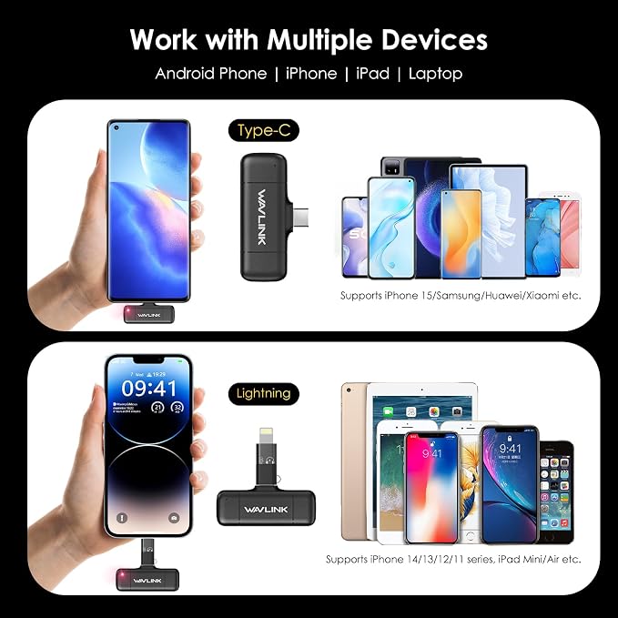 WAVLINK Wireless Lavalier Microphone for iPhone 16/15/14/13/12 Android Vlog, Clip on Lapel Mic System & Lightning & USB-C Inputs & Battery Case for YouTube Facebook Live, Video Recording(1*TX+1*RX) - Image 7