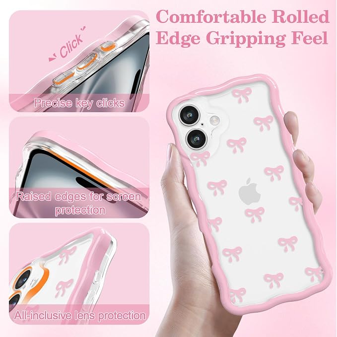 QLTYPRI for iPhone 17 Pink Bow Case, Clear Cute Pink Ribbon Bow Phone Case Curly Wavy Aesthetic Phone Cover, Soft Slim Transparent TPU Shockproof Protective Cover for Women Girls - Tiny Bow - Image 2