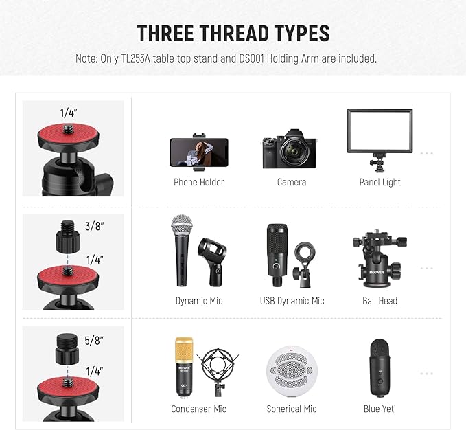 NEEWER TL253A+DS001 Table Camera Tripod with 2 Section Arm | Phone Holder, Ball Heads, Screw Adapter, Table Light Stand for Camera, Mobile Phone, Webcam, Ring Light - Image 5