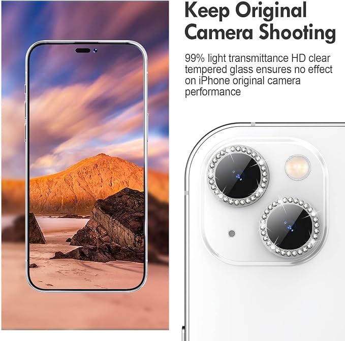 for iPhone 14/14 Plus Camera Lens Protector Bling Diamond, Silver | Individual Metal, 9H Hardness, Scratch Resistant, Shockproof, Drop Protection, Case Friendly, Stylish Accessories - Image 4