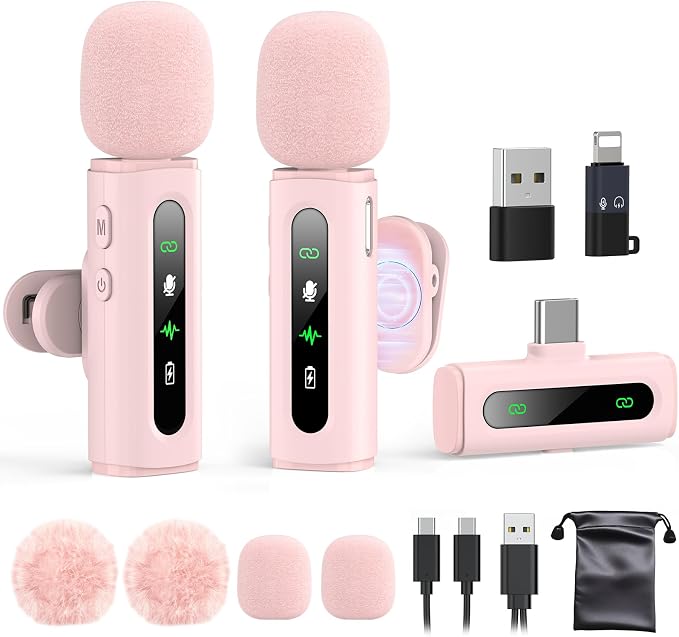 USB C Lavalier Microphone Wireless Mini Mic for Type-C Android Phone/Tablet/PC Video Recording Clip-on Mics with Rotatable Clip&Denoise Recording, Ideal for Vlog Tiktok Youtube Content Creator, Pink by GoorDik