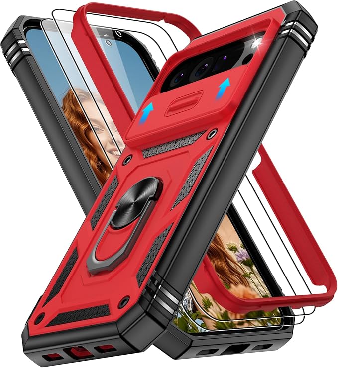 Gritup for Google Pixel 10 Pro XL Case with Screen Protector*2, Magnetic Stand & Slide Camera Cover, Shock Proof Military-Grade Phone Case, Red+Black by Gritup