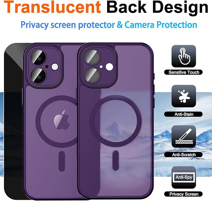for iPhone 16 Plus Case with Privacy Screen Protector, Purple | Full Camera Protection, Matte Translucent, Magnetic, Compatible with MagSafe, Shockproof Phone Cover for Women/Girls - Image 2