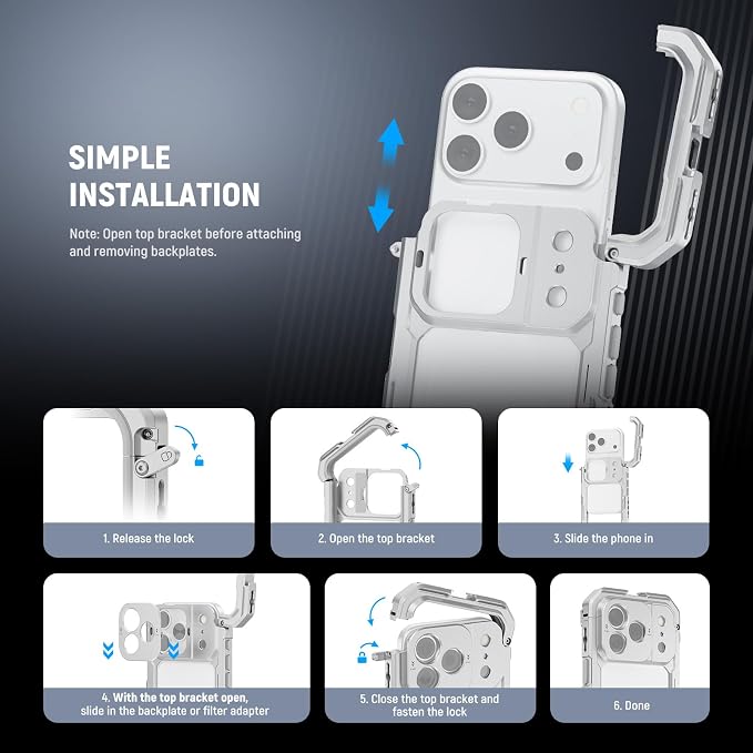 NEEWER Phone Cage Compatible with iPhone 17 Pro, Quick Release Video Rig Stabilizer Accessories with 67mm Filter Ring, 17mm Lens Backplate, T Mount Adapter, 4X Camera Control Cap, PA143 (Silver) - Image 2