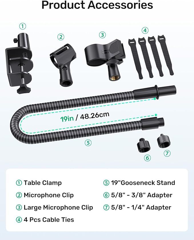 19" Flexible Gooseneck Mic Stand with Desk Clamp【Heavy Duty】, Dual Holder | Upgraded Desk Clamp, 2 Mic Holders, 1/4" and 3/8" Adapters, Ideal for Gaming, Live Streaming, Podcast, Conference, and Podium - Image 9