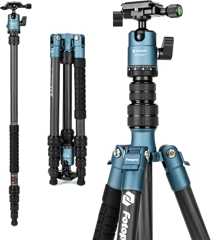 Fotopro 60" Carbon Fiber Camera Travel Tripod, 2lbs Super Lightweight Compact Tripod with 360° Metal Ball Head, Detachable Monopod, with Arca QR Plate & Bag, Load up to 8KG/17.63lbs, for SLR DSLR,Blue by Fotopro