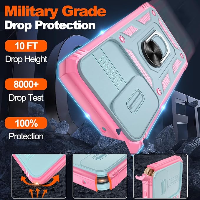 Gritup for Galaxy S23 Phone Case Military-Grade Shockproof with Kickstand | with 2 PCS Screen Protector, Slide Camera Cover, Heavy Duty Outdoor Protection Funda para Galaxy S 23 Cover-Green+Pink - Image 3