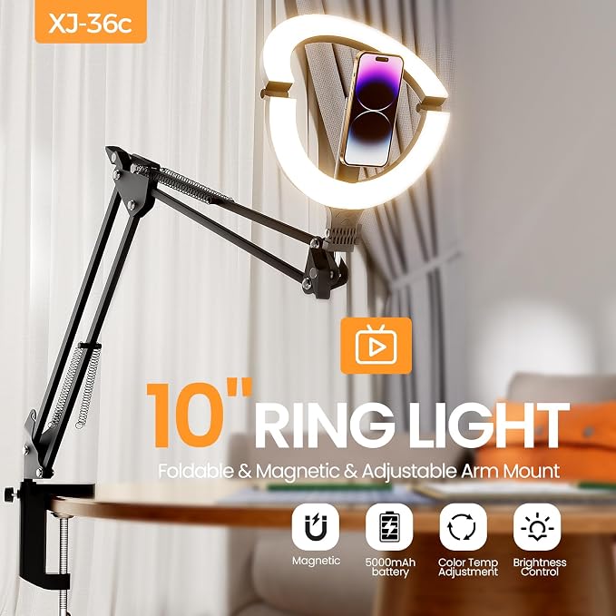 10" Magnetic Ring Light Overhead Camera Phone Mount, XINBAOHONG LED Selfie Light with Stand and Phone Holder, Rechargeable Desk Light for Video Recording - Image 9