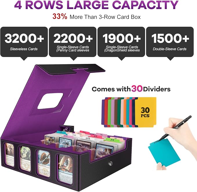 4-Row Trading Card Storage Box, Holds 3200+ Cards [US Patent], Black&Purple | Large Capacity, Portable Handle & Display Windows, Compatible with MTG, Commander, Sports Cards and Other Standard TCG Cards - Image 2