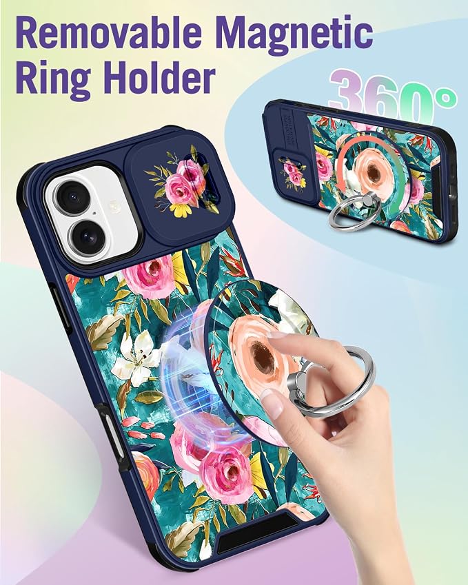 Buleens for iPhone 17 Case 6.3 Inch - with Ring Stand & Camera Cover Aesthetic Cute Designed for Women Girls Girly Pretty Unique Kawaii Flowers Phone Case for iPhone 17 Compatible with Magsafe - Image 5