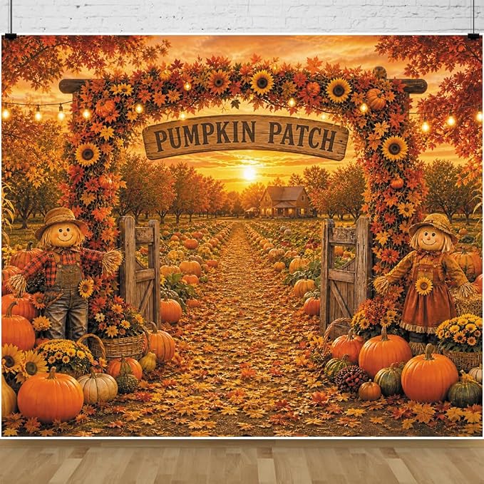 Fall Pumpkin Patch Backdrop 8x8ft Thanksgiving Autumn Harvest Scarecrow Sunflower Photography Background Fall Pumpkin Leaves Theme Baby Shower Party Decorations Photo Booth Props Vinyl by Leowefowa