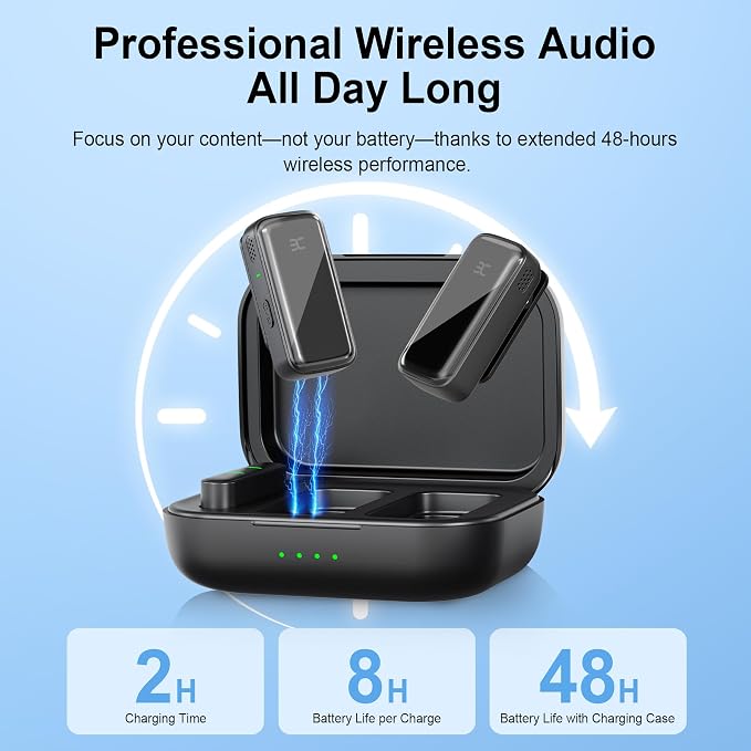 EX Wireless Lavalier Microphone System, Dual Clip-On Mics + Charging Case, 164ft Range Plug-and-Play for iPhone/Android, Advanced Noise Reduction, 48H Runtime-Video Recording, TikTok, YouTube, Black - Image 3