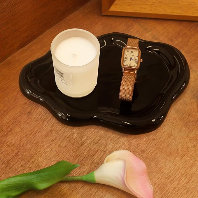 CCINPPY Ceramic Cloud Jewelry Tray Trinket Dish Key Bowl Nightstand Decor | Decorative Small Desk Tray Jewelry Plate Key Holder Bowl Cute Bedroom Room Decor Aesthetic, Gift for Women, Black Medium by CCINPPYJEWELRYACCESSORIES