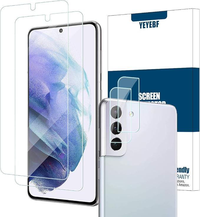 Galaxy S21 HD Clear Tempered Glass Screen Protector + Camera Lens Protectors, [2+2 Pack] [3D Glass] [Fingerprint Support] Screen Protector Glass For Samsung Galaxy S21 by YEYEBF