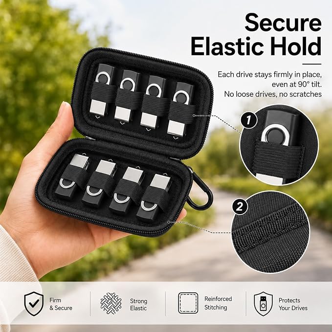 ALKOO Flash Drive Case USB Storage Case, Thumb Drive Holder, Holds 8, Black | Hard Shell, 8 Elastic Slots for USB Drives and SD/Memory Cards, Portable Travel and Office Organizer, Case Only, Black - Image 5