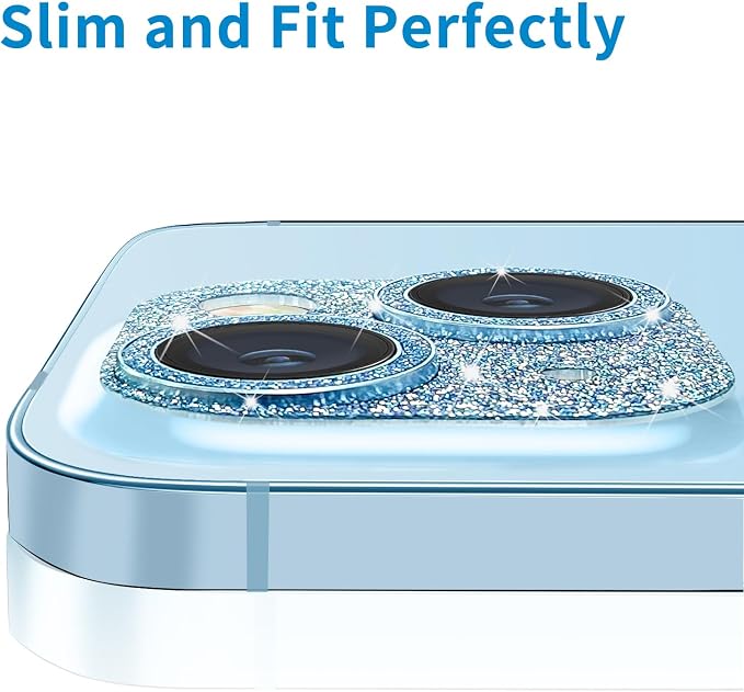 Compatible with iPhone 15 & iPhone 15 Plus Camera Lens Protector, Bling 3D Rhinestone Diamond 9H Tempered Glass Camera Cover Anti Scratch Shockproof Lens Screen Full Protective Cover - Blue - Image 5