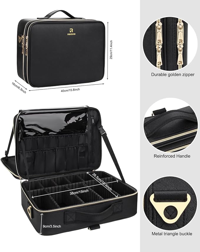 Relavel Makeup Case Large Makeup Bag Professional Train Case 16.5 inches Travel Cosmetic Organizer Brush Holder Waterproof Makeup Artist Storage Box, Large Capacity (Leather Black) - Image 3
