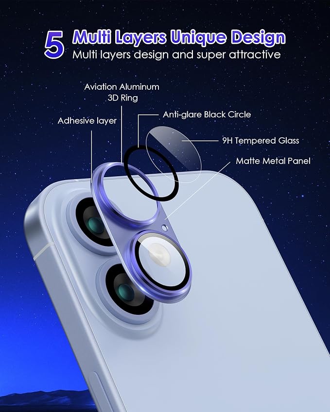 Compatible for iPhone 17 /iPhone 16 /iPhone 16 Plus Camera Lens Protector Metal Plus Aluminium Alloy Ring 9H Tempered Glass Screen Case Friendly Camera Cover Blue - Image 3