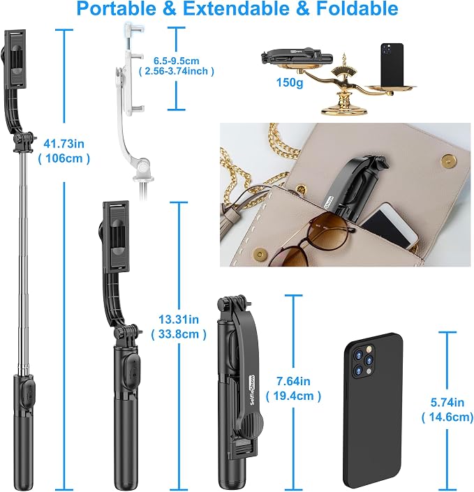 SelfieShow Selfie Stick, Extendable Selfie Stick Tripod with Wireless Remote and Tripod Stand, Portable, Lightweight, Compatible with iPhone 17 16 15 14 13 12 Pro Xs Max/Samsung Smartphone and More - Image 7
