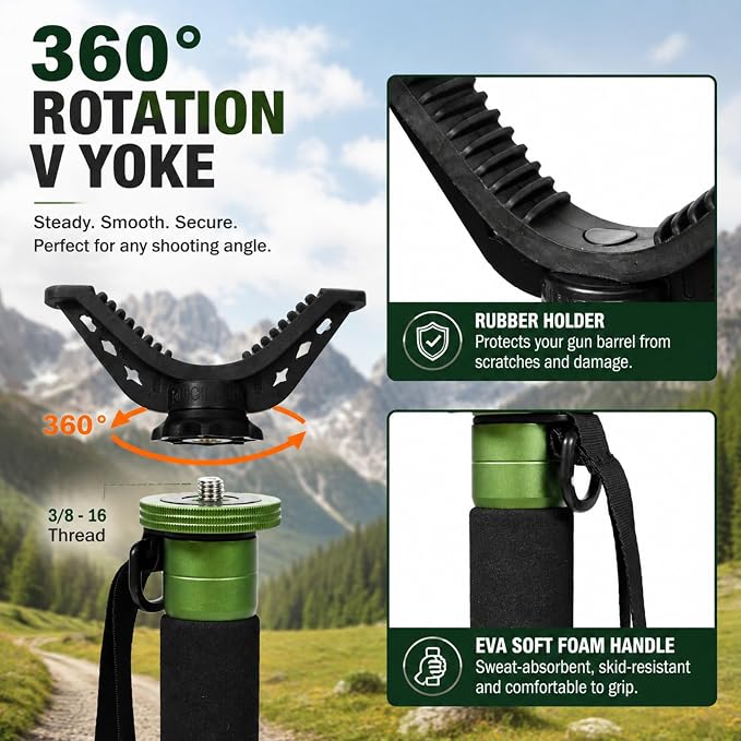 Hunting Monopod Shooting Tripod Stick Gun Rifle Rest | Tiltable and Horizontally Rotatable Tri-Stand Tripod Base, 21"-65" Height Adjustment, Matt Aluminum Construction - Image 3