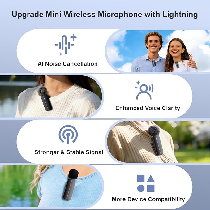 2-Pack Wireless Mini Lavalier Lapel Microphone for iPhone,iPad(Lightning) - 65ft Cordless Clip on Dual Mics with Noise Reduction 6H Working Time for Video Recording Vlogging, YouTube, Interview - Image 2